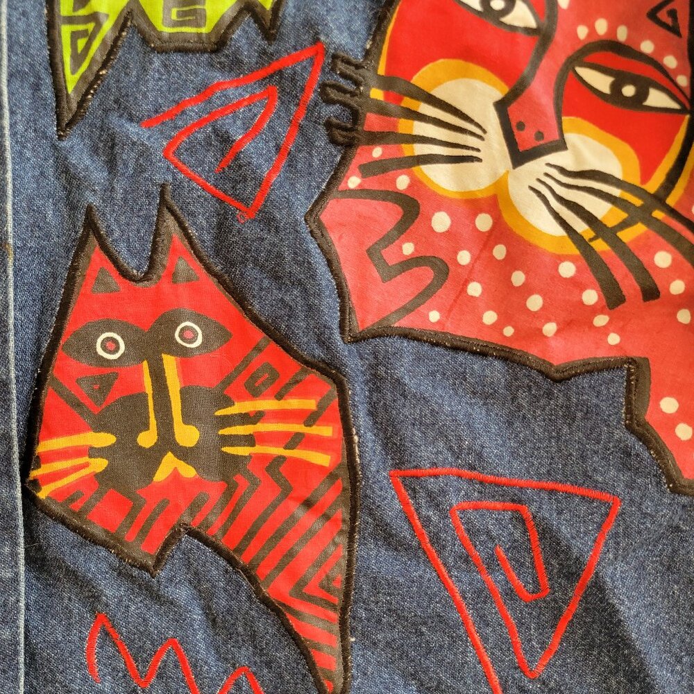 VTG Cat Patch Denim Jacket M Funky 90s Upcycled Custom Handmade Layer - Picture 5 of 10